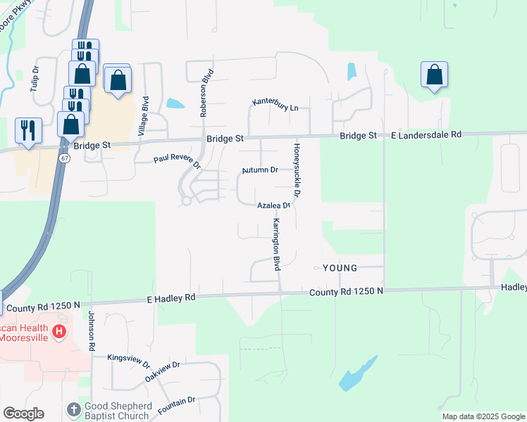 map of restaurants, bars, coffee shops, grocery stores, and more near 106 Elderbury Court in Mooresville