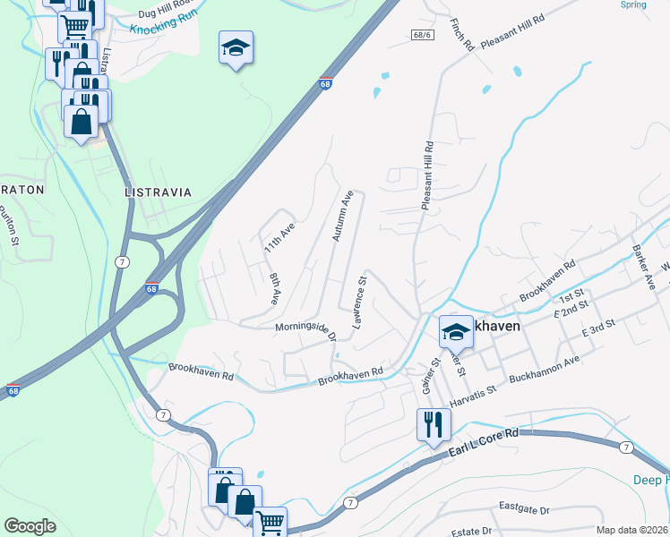 map of restaurants, bars, coffee shops, grocery stores, and more near Autumn Ave in Morgantown