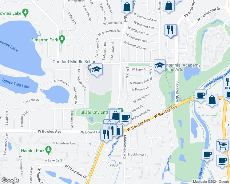 map of restaurants, bars, coffee shops, grocery stores, and more near 5745 South Lowell Boulevard in Littleton