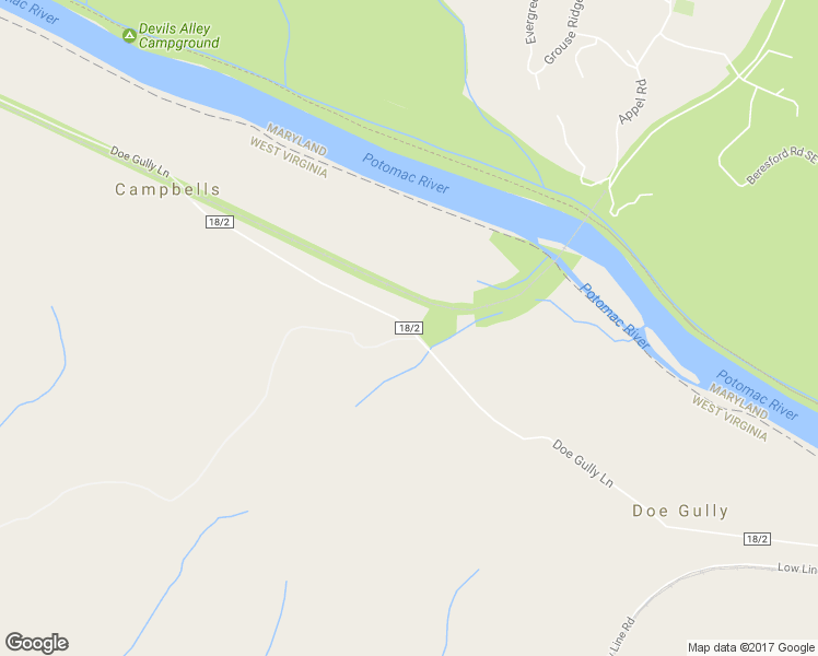 map of restaurants, bars, coffee shops, grocery stores, and more near Doe Gully Lane in Great Cacapon