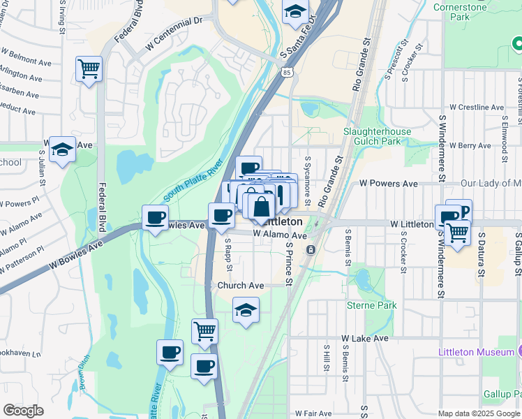map of restaurants, bars, coffee shops, grocery stores, and more near 2560 Main Street in Littleton