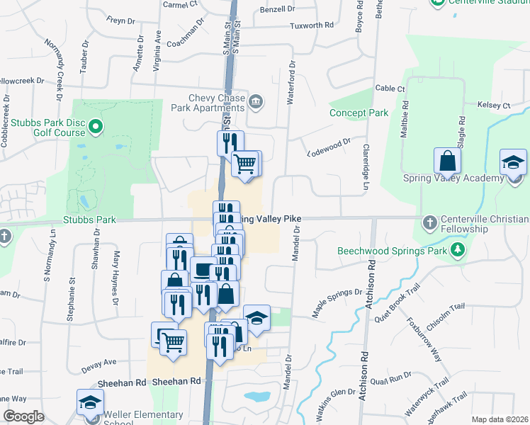 map of restaurants, bars, coffee shops, grocery stores, and more near 831 Clareridge Lane in Dayton