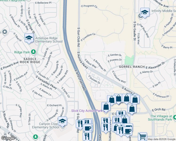map of restaurants, bars, coffee shops, grocery stores, and more near 30 East Platte Drive in Aurora