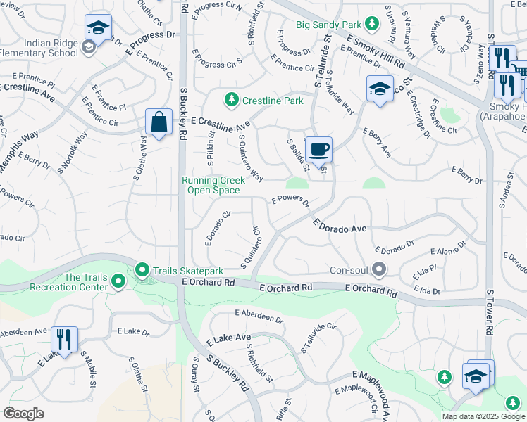 map of restaurants, bars, coffee shops, grocery stores, and more near 5718 South Quintero Circle in Centennial