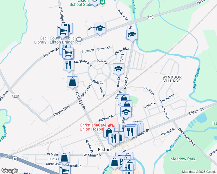 map of restaurants, bars, coffee shops, grocery stores, and more near 304 Pennsylvania Avenue in Elkton