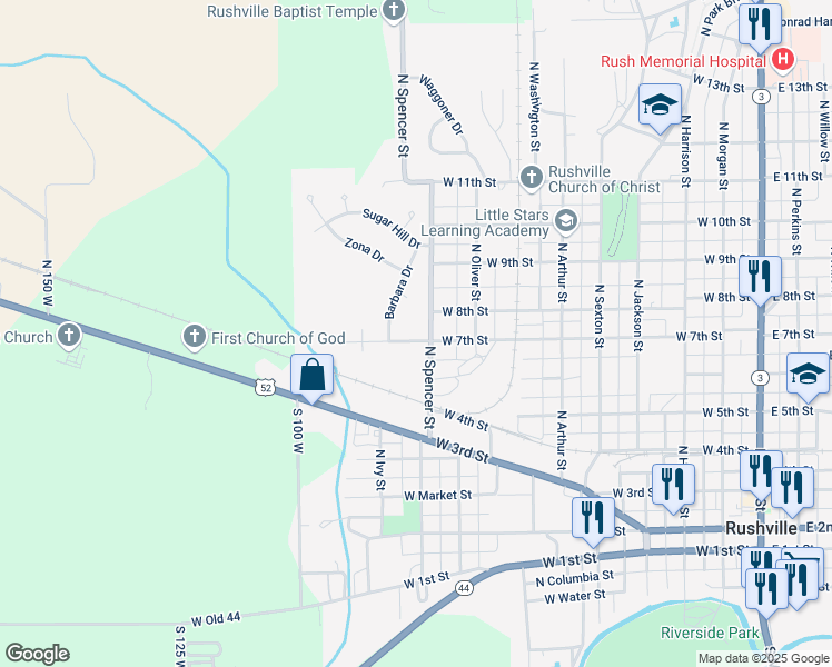 map of restaurants, bars, coffee shops, grocery stores, and more near 637 West 7th Street in Rushville