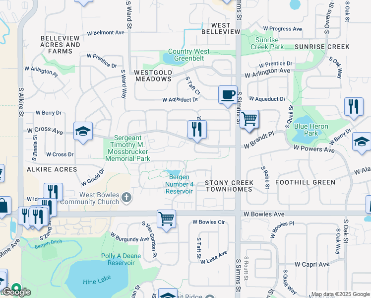 map of restaurants, bars, coffee shops, grocery stores, and more near 12024 West Cross Drive in Littleton