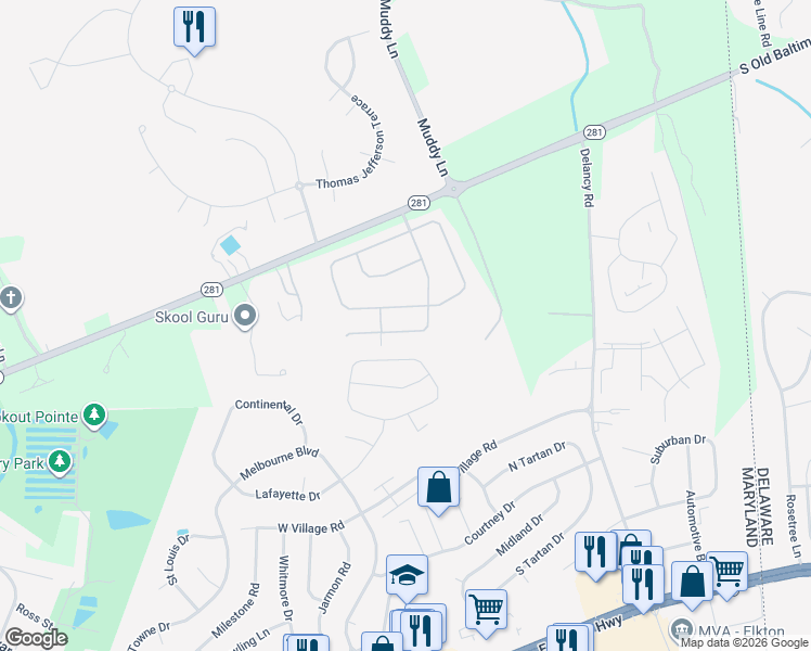 map of restaurants, bars, coffee shops, grocery stores, and more near 133 Cherry Tree Lane in Elkton