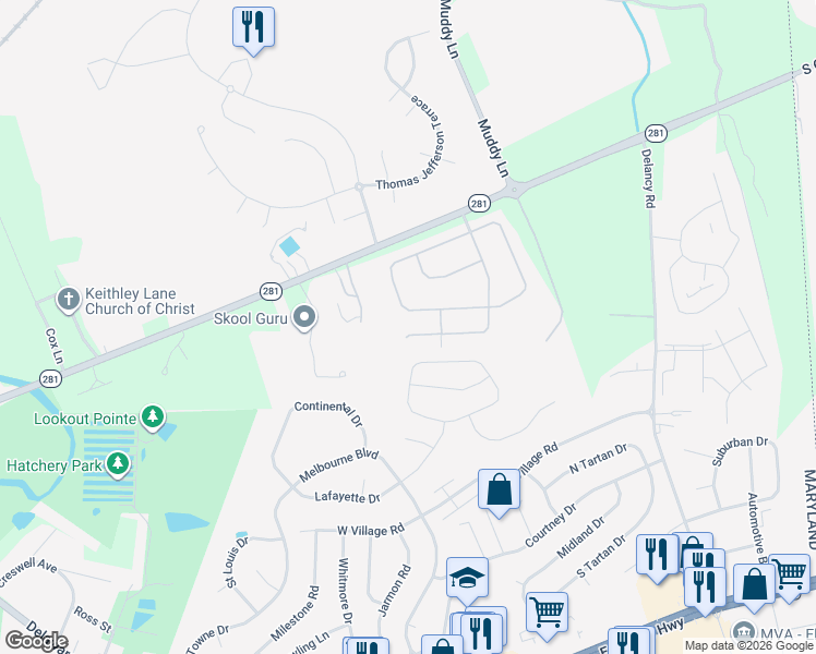 map of restaurants, bars, coffee shops, grocery stores, and more near 416 Gray Mount Circle in Elkton