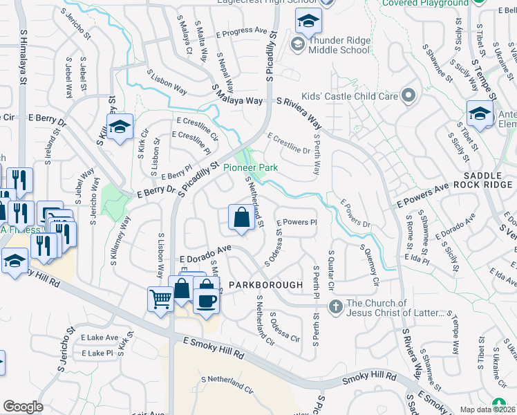 map of restaurants, bars, coffee shops, grocery stores, and more near 5670 South Netherland Street in Centennial