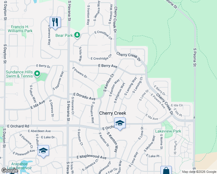 map of restaurants, bars, coffee shops, grocery stores, and more near 5697 South Kenton Way in Englewood