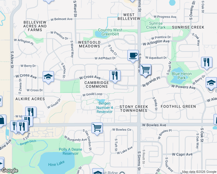 map of restaurants, bars, coffee shops, grocery stores, and more near 12024 West Cross Drive in Littleton