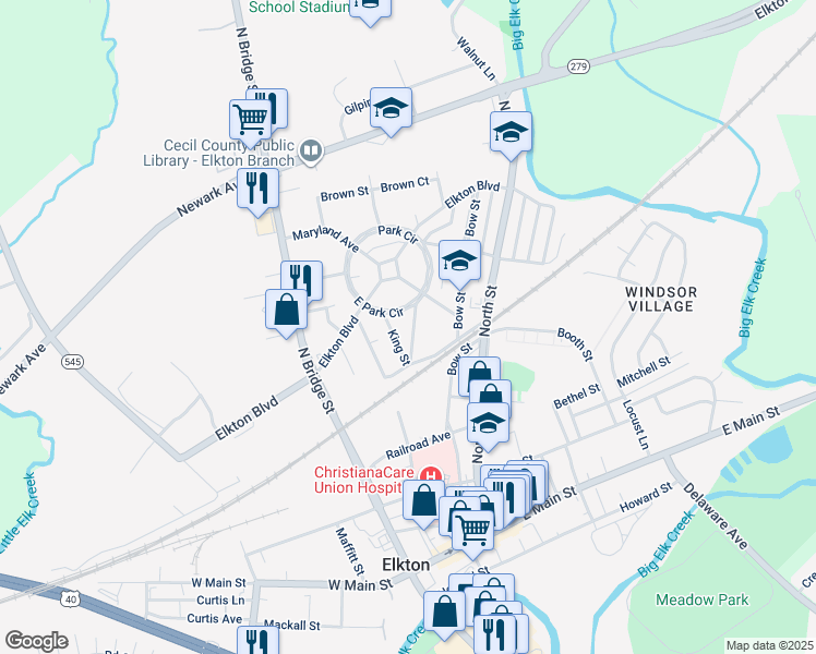 map of restaurants, bars, coffee shops, grocery stores, and more near 304 Pennsylvania Avenue in Elkton