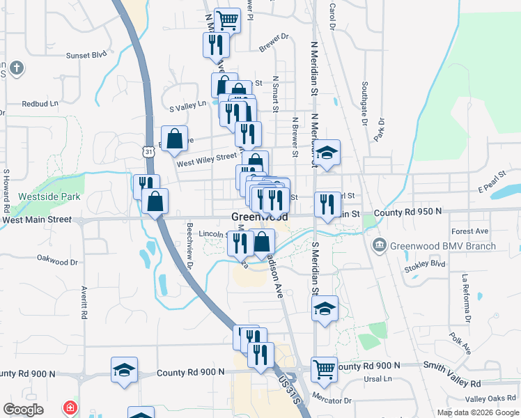 map of restaurants, bars, coffee shops, grocery stores, and more near in Greenwood