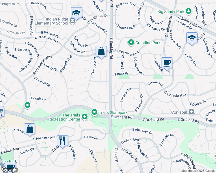 map of restaurants, bars, coffee shops, grocery stores, and more near 5650 South Ouray Street in Centennial