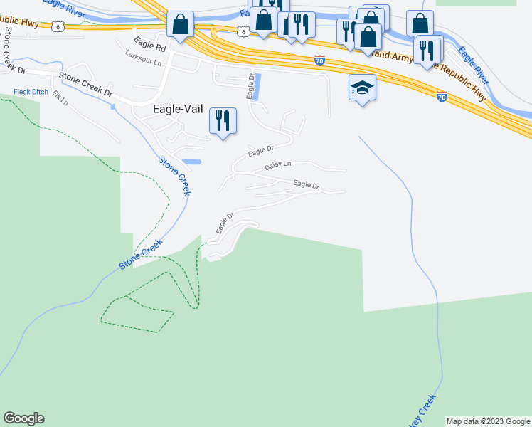 map of restaurants, bars, coffee shops, grocery stores, and more near 1038 Eagle Drive in Vail