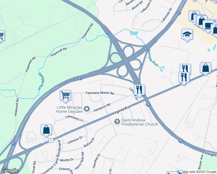 map of restaurants, bars, coffee shops, grocery stores, and more near 16815 Cavalry Drive in Williamsport