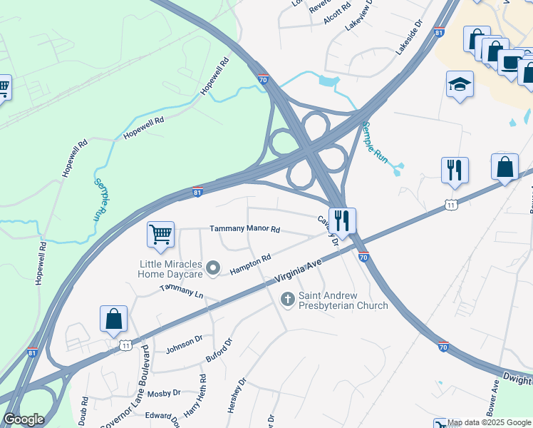 map of restaurants, bars, coffee shops, grocery stores, and more near 16815 Cavalry Drive in Williamsport