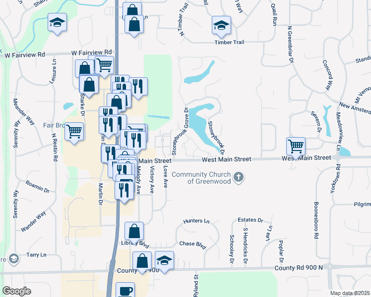 map of restaurants, bars, coffee shops, grocery stores, and more near Coral Bay Cove in Greenwood