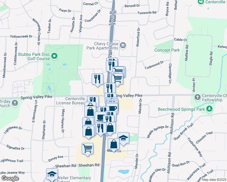 map of restaurants, bars, coffee shops, grocery stores, and more near 62 East Spring Valley Pike in Dayton