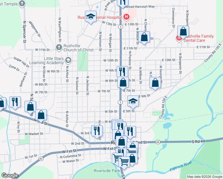 map of restaurants, bars, coffee shops, grocery stores, and more near 132 West 7th Street in Rushville