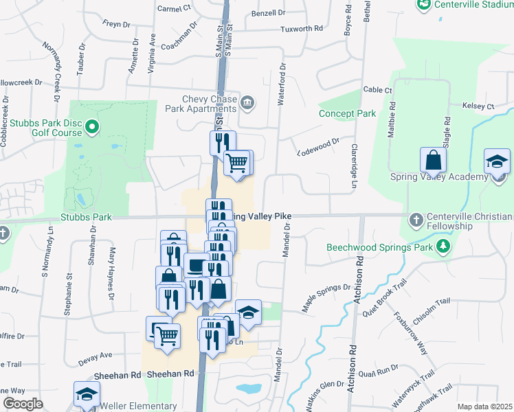 map of restaurants, bars, coffee shops, grocery stores, and more near 170 East Spring Valley Pike in Centerville