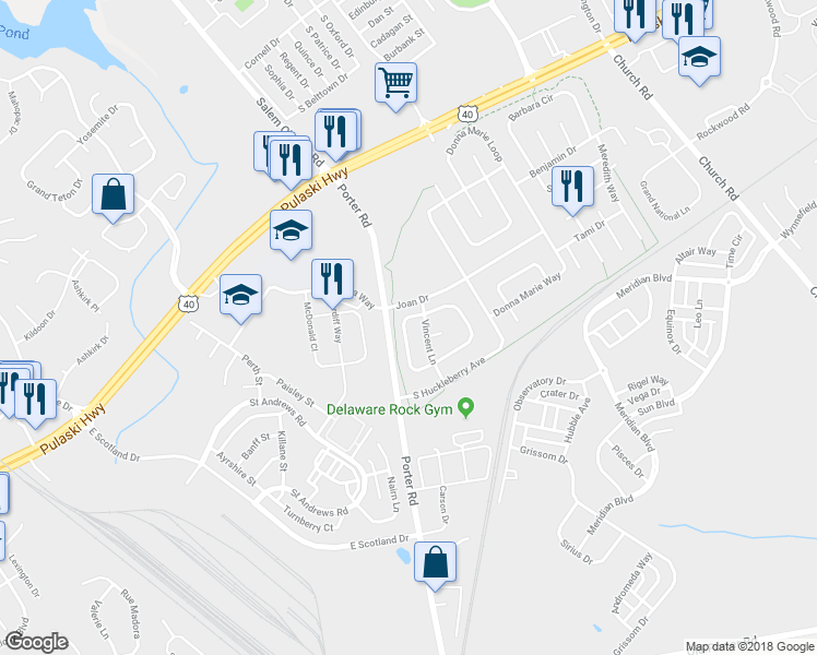 map of restaurants, bars, coffee shops, grocery stores, and more near 331 Jacobs Loop in Bear