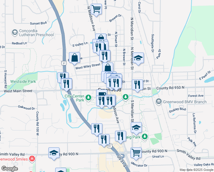 map of restaurants, bars, coffee shops, grocery stores, and more near 330 West Main Street in Greenwood