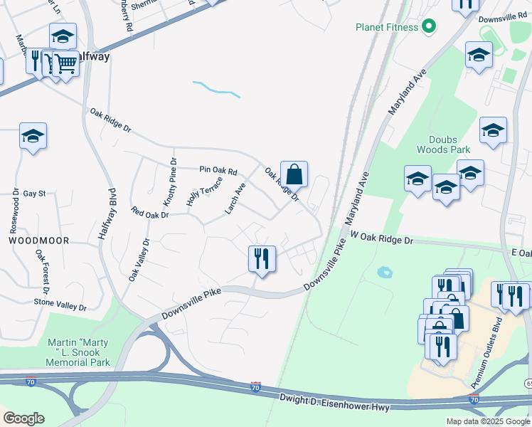 map of restaurants, bars, coffee shops, grocery stores, and more near 17948 Hickory Lane in Hagerstown