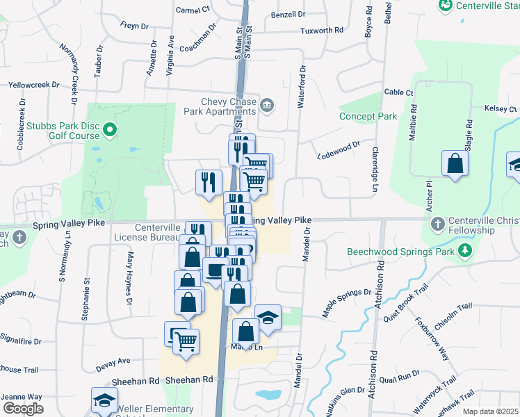 map of restaurants, bars, coffee shops, grocery stores, and more near 62 East Spring Valley Pike in Centerville