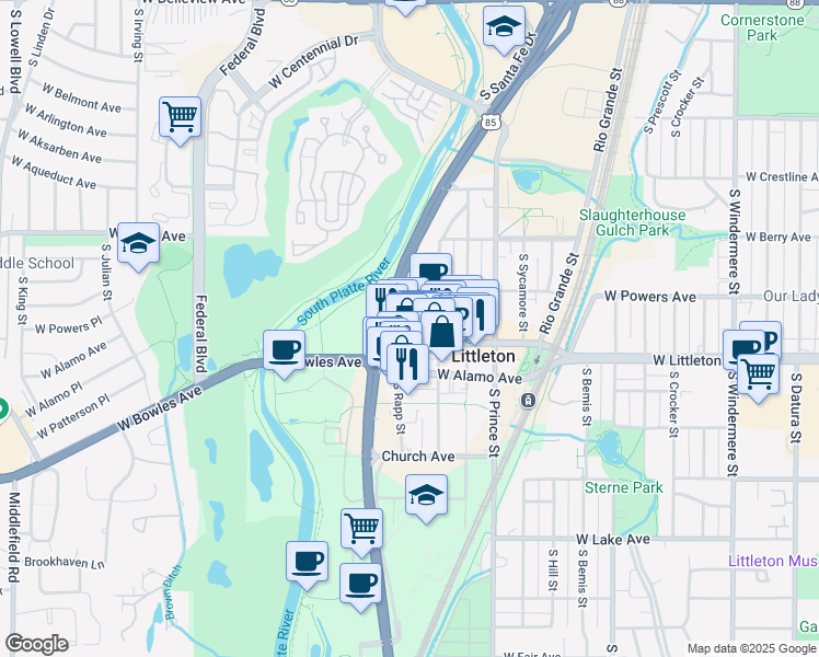 map of restaurants, bars, coffee shops, grocery stores, and more near 2680 Main Street in Littleton