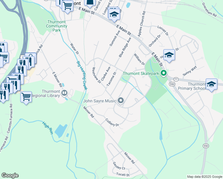 map of restaurants, bars, coffee shops, grocery stores, and more near 122 Victor Drive in Thurmont