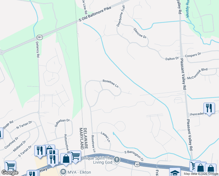 map of restaurants, bars, coffee shops, grocery stores, and more near 5010 Rosetree Lane in Newark