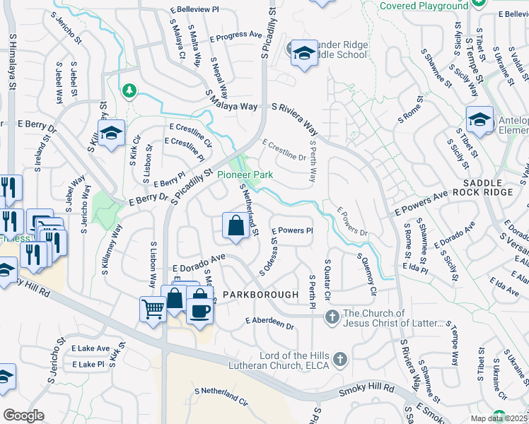 map of restaurants, bars, coffee shops, grocery stores, and more near 21430 East Powers Avenue in Centennial