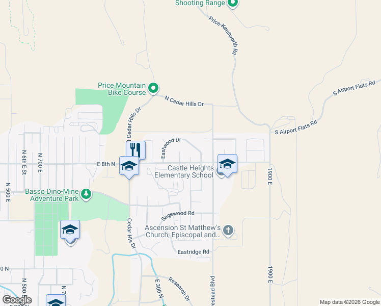 map of restaurants, bars, coffee shops, grocery stores, and more near 835 North Essex Circle in Price