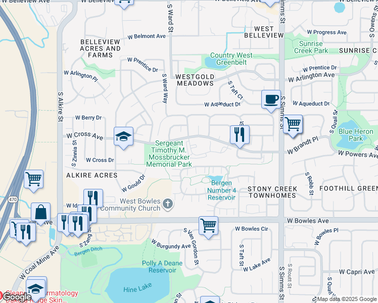 map of restaurants, bars, coffee shops, grocery stores, and more near 12288 West Dorado Place in Littleton