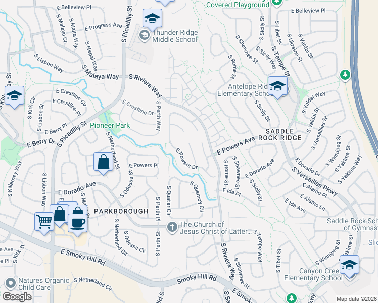 map of restaurants, bars, coffee shops, grocery stores, and more near 5689 South Quatar Court in Centennial