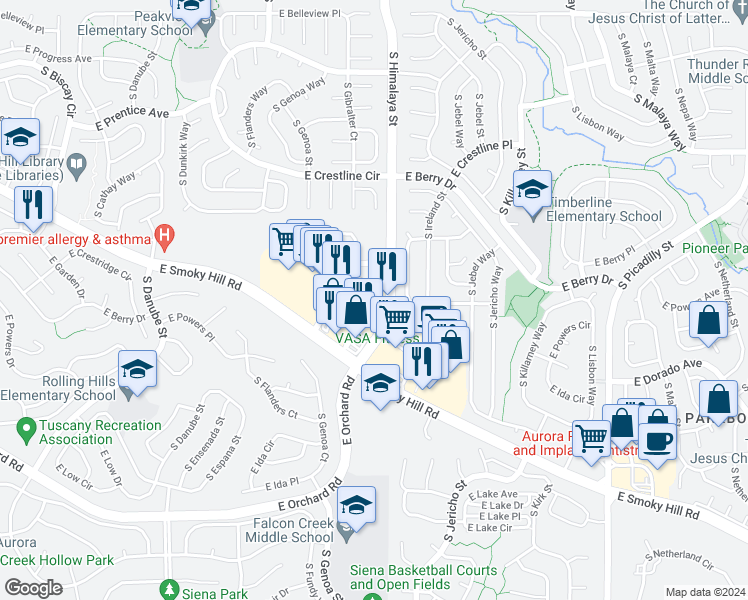 map of restaurants, bars, coffee shops, grocery stores, and more near 5697 South Himalaya Street in Aurora