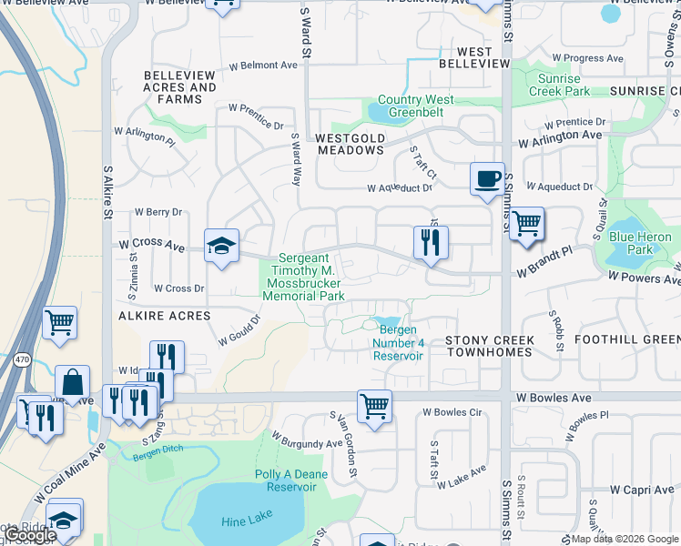 map of restaurants, bars, coffee shops, grocery stores, and more near 12288 West Dorado Place in Littleton