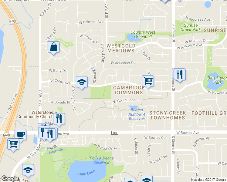 map of restaurants, bars, coffee shops, grocery stores, and more near 12288 West Dorado Place in Littleton