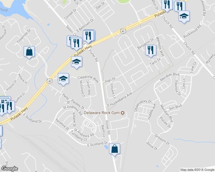 map of restaurants, bars, coffee shops, grocery stores, and more near 325 Jacobs Loop in Bear
