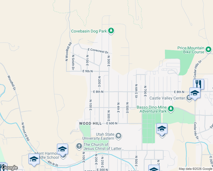 map of restaurants, bars, coffee shops, grocery stores, and more near 845 North 300 East in Price