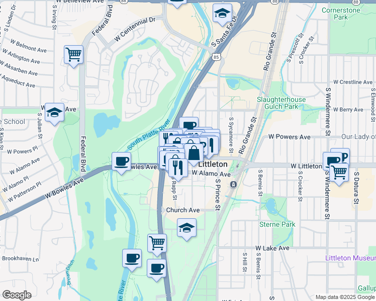 map of restaurants, bars, coffee shops, grocery stores, and more near 2680 Main Street in Littleton