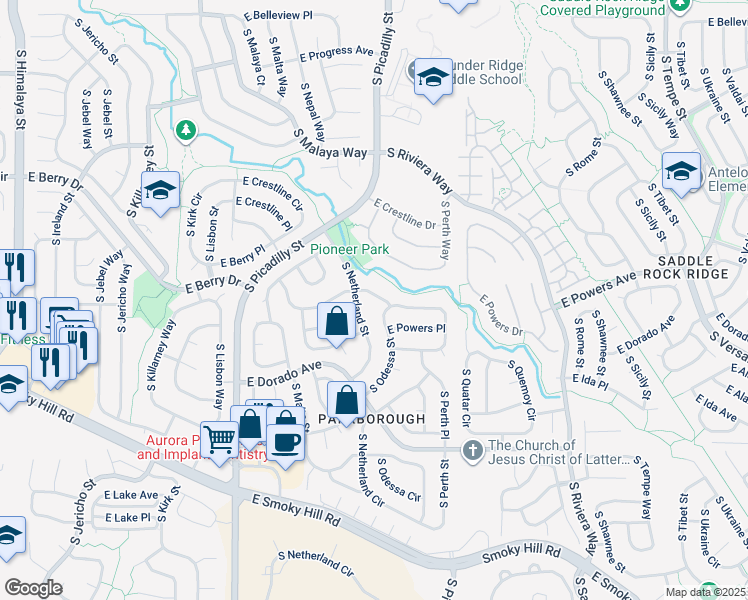map of restaurants, bars, coffee shops, grocery stores, and more near 21388 East Powers Avenue in Centennial