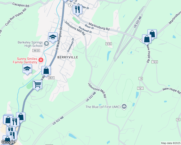 map of restaurants, bars, coffee shops, grocery stores, and more near 632 Johnsons Mill Road in Berkeley Springs