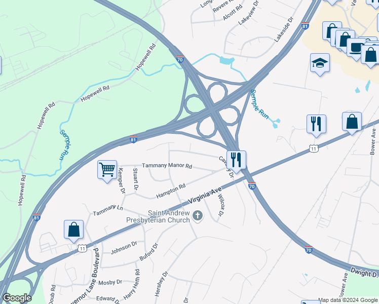 map of restaurants, bars, coffee shops, grocery stores, and more near 16827 Calvary Drive in Williamsport
