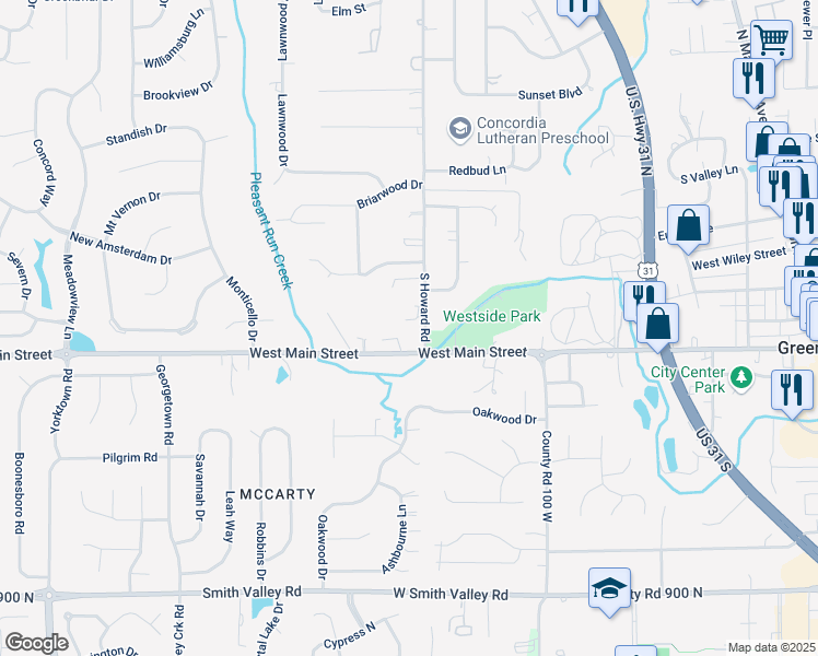 map of restaurants, bars, coffee shops, grocery stores, and more near 256 South Howard Road in Greenwood