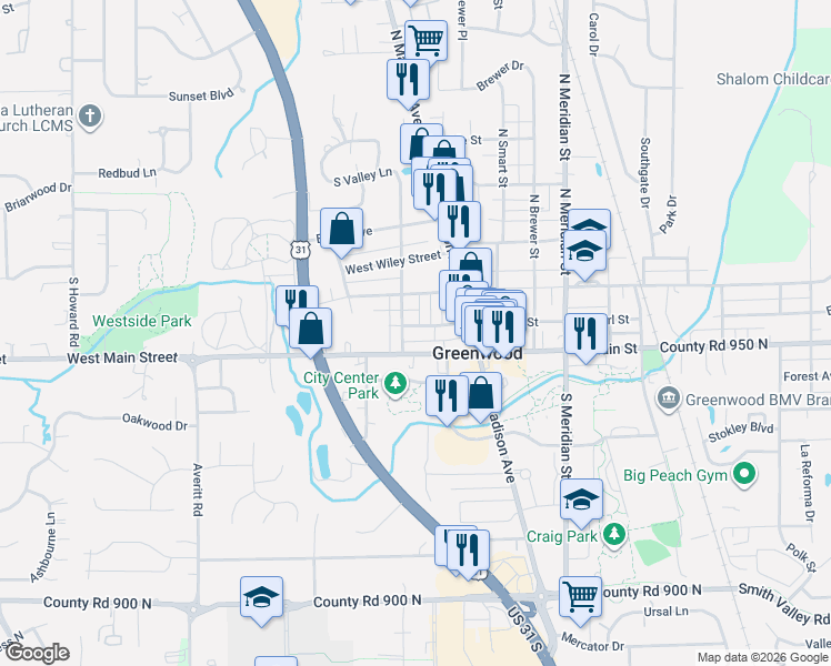 map of restaurants, bars, coffee shops, grocery stores, and more near 379 West Broadway Street in Greenwood
