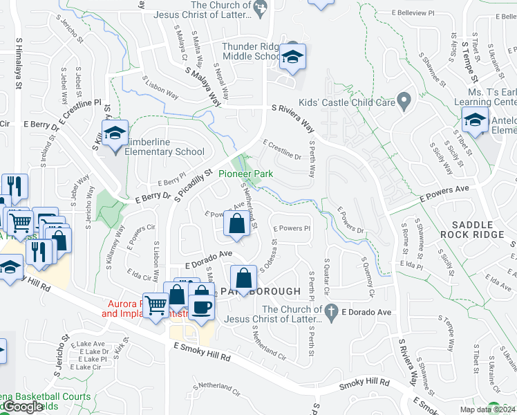 map of restaurants, bars, coffee shops, grocery stores, and more near 21358 East Powers Avenue in Aurora