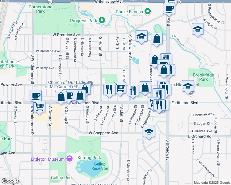 map of restaurants, bars, coffee shops, grocery stores, and more near 5607 South Fox Street in Littleton